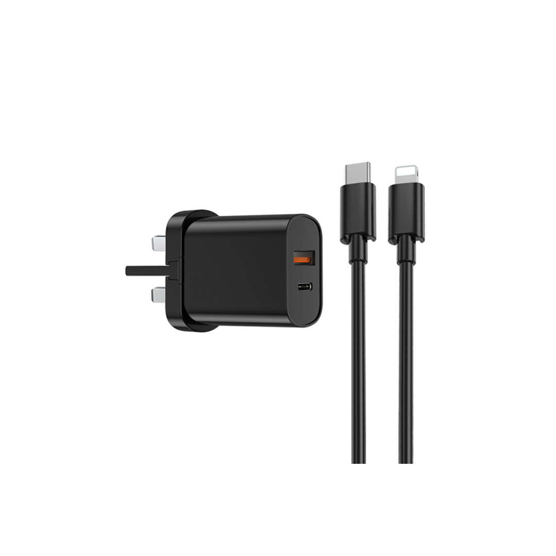 Wiwu Quick 20W+18W PD+QC UK Fast Charger With Type-C To Lightning Cable - Black in Qatar Wiwu Quick 20W+18W PD+QC UK Fast Charger With Type-C To Lightning Cable - Black in Qatar